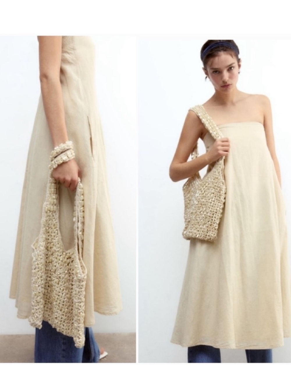 ZARA Pearl Beaded MacrameKnit woven crochet Tote Bag Hobo -Ivory cream - Picture 10 of 10